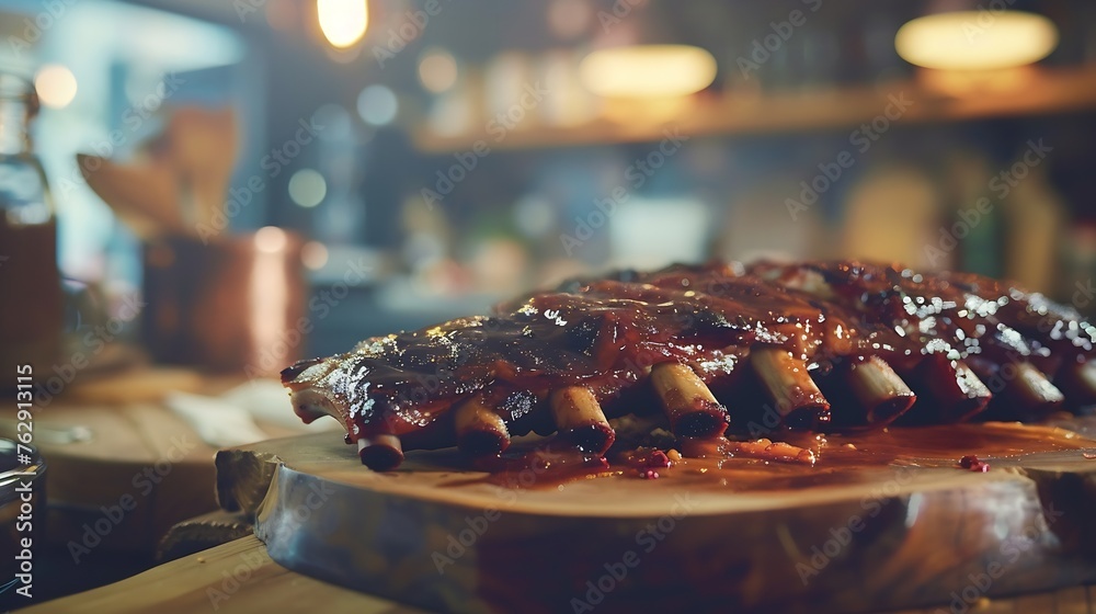 Front view of appetizing grilled pork ribs with barbecue served on wooden board in kitchen against blurred background : Generative AI Front view of appetizing grilled pork ribs with barbecue served on wooden board in kitchen against blurred background : Generative AI