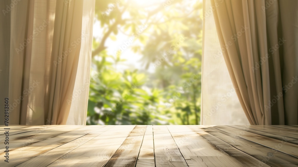 selective focusEmpty of wood table top on blur of curtain window and abstract green from garden with sunlight For montage product display or design key visual layout : Generative AI selective focusEmpty of wood table top on blur of curtain window and abstract green from garden with sunlight For montage product display or design key visual layout : Generative AI