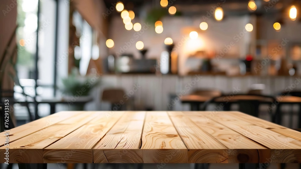 Empty wood table with blur coffee shop background clean bright light foreground Mock up for montage products display : Generative AI