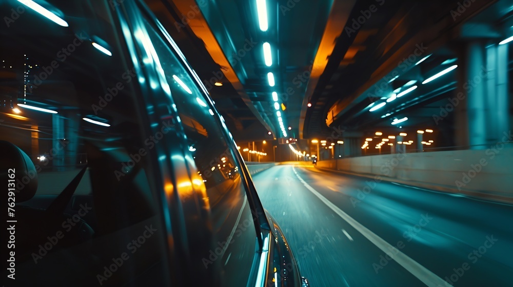 Fototapeta premium Motion time of a speedy night drive in a big city ending in the underground car parking Side view from the car window to the road with light trails from vehicles and street lights : Generative AI