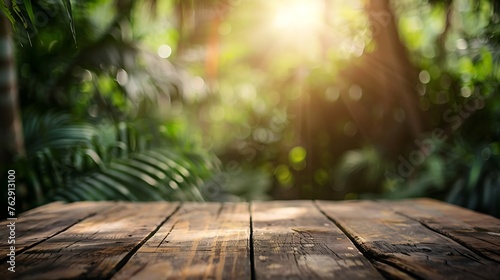 The empty rustic wooden plank table top with blur background of jungle Exuberant image : Generative AI