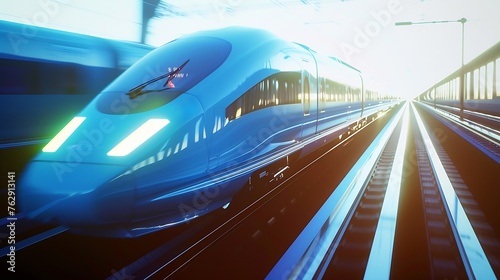 Blue high speed train runs on rail tracks The train is going too fast as a result the air pressure is causing too much heat at the front : Generative AI