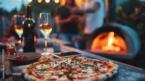 Friends in the backyard are cooking pizza in a woodburning oven A party with wine and pizza Front view Blurred background : Generative AI