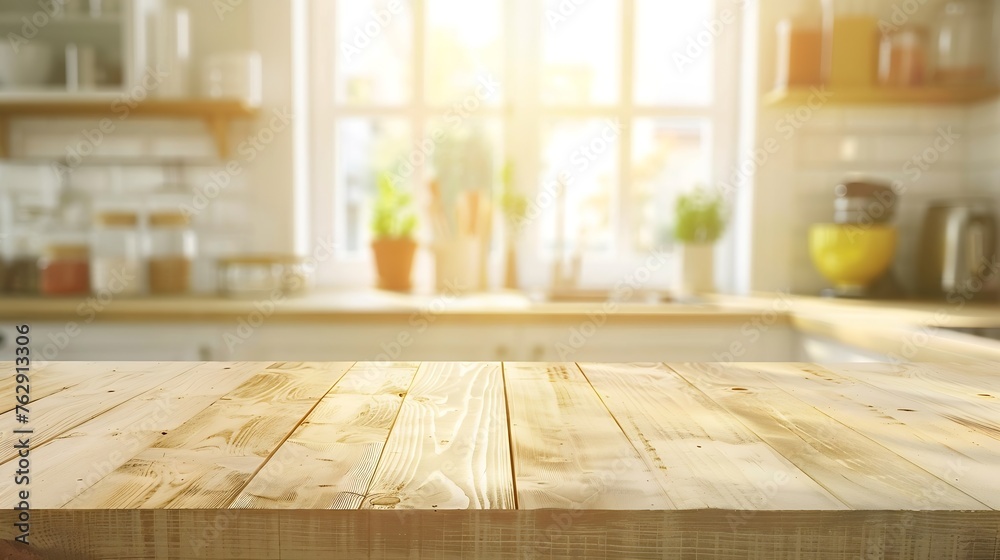 Empty wood table top on blur kitchen window background For product or foods montage : Generative AI Empty wood table top on blur kitchen window background For product or foods montage : Generative AI