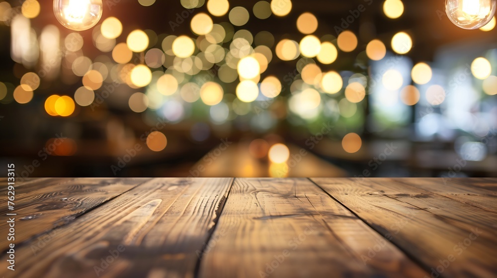 Empty wooden table top with lights bokeh on blur restaurant background : Generative AI Empty wooden table top with lights bokeh on blur restaurant background : Generative AI