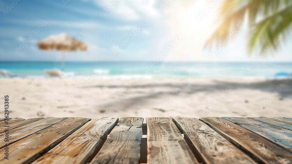 Empty rustic wooden table on blur background of beautiful beach for mockup summer product display or travel ad Picnic table with customizable space on tabletop for editing Flawless : Generative AI