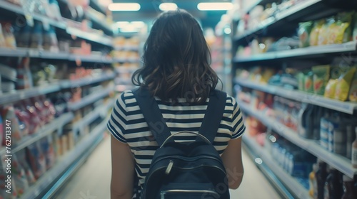 Back view of unrecognizable female customer in striped T shirt with backpack choosing products between shelves in supermarket : Generative AI