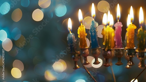 Hanukkah menorah or hanukkiah with colored candles is out of focus Jewish holiday Hanukkah background Hanukkah lamp ninebranched candelabrum is out of focus Blurred background : Generative AI photo