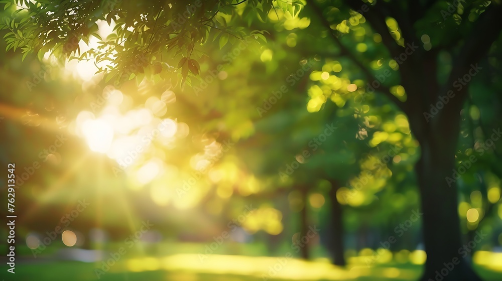 Abstract blurred green tree city park sunset light nature background : Generative AI Abstract blurred green tree city park sunset light nature background : Generative AI