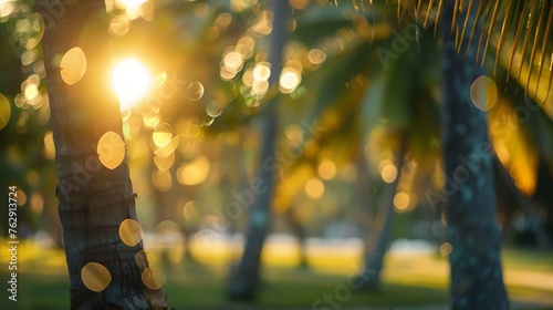 Blur nature bokeh green park by beach and tropical coconut trees in sunset time : Generative AI photo