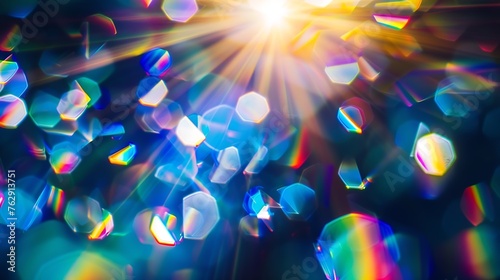Blue light flare prism rainbow flares overlay effect on black background light crossing crystals prismatic sun catcher reflections rays Abstract blurred colourful lens flare bokeh on d : Generative AI photo