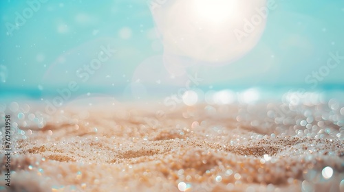Tropical Sand With Blue Sea Beach Summer Defocused Background With Glittering Of Sunlights : Generative AI