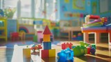 Blurred view of playroom in kindergarten with toys : Generative AI