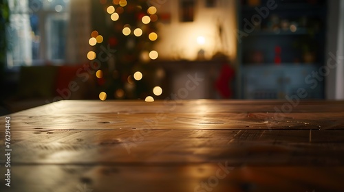The empty wooden brown table top with blur background of home room in winter Exuberant image : Generative AI