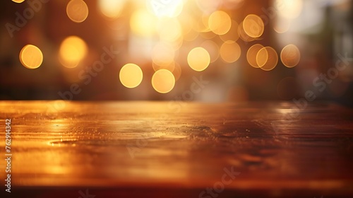 empty wooden brown table on blurred light gold bokeh cafe restaurant bar place for your products on the table Abstract background : Generative AI