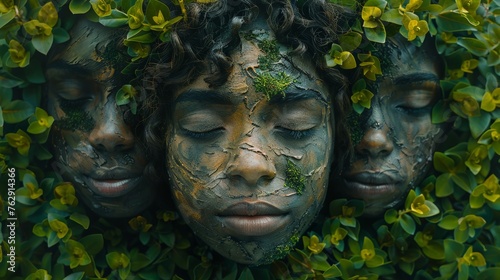 A portrait emerges, where green leaves enwrap the face, embodying the fusion of humanity and nature, advocating for environmental harmony. 