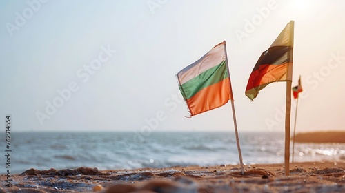 Waving flags on pole on beach against cloudless sky on blurred background during summer in nature sahara mauritania   Generative AI