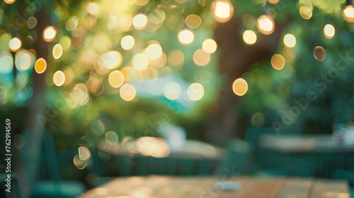 Abstract Blurred image of Outdoor Restaurant or Cafe with green bokeh for background usage : Generative AI