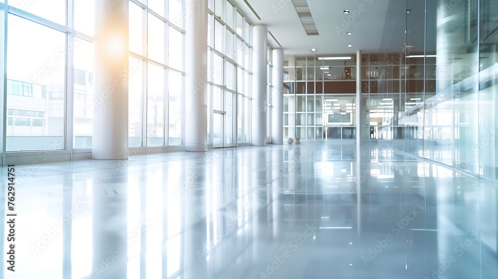 Fototapeta premium blurred for background office building interior empty hall in the modern office building empty open space office panoramic windows and beautiful lighting : Generative AI