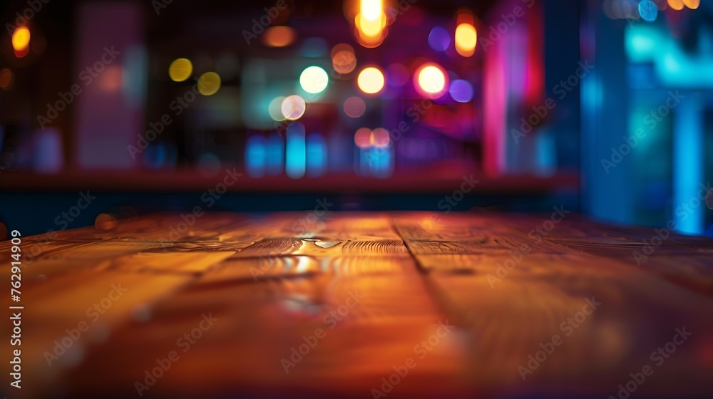 Wood table top with reflect on blur of lighting in night caferestaurant backgroundselective focus : Generative AI