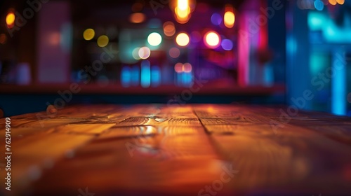 Wood table top with reflect on blur of lighting in night caferestaurant backgroundselective focus   Generative AI