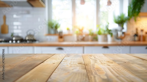 Kitchen wooden table top and kitchen blur background interior style scandinavian   Generative AI