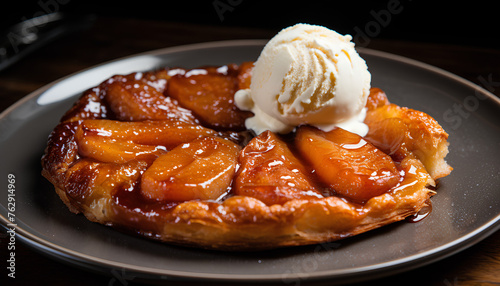 Tarte tatin, French-style apple tart, with ice cream on top, caramelized apples baked in a buttery pastry crust photo