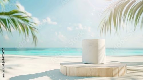Summer product display on wooden podium at sea tropical beach : Generative AI