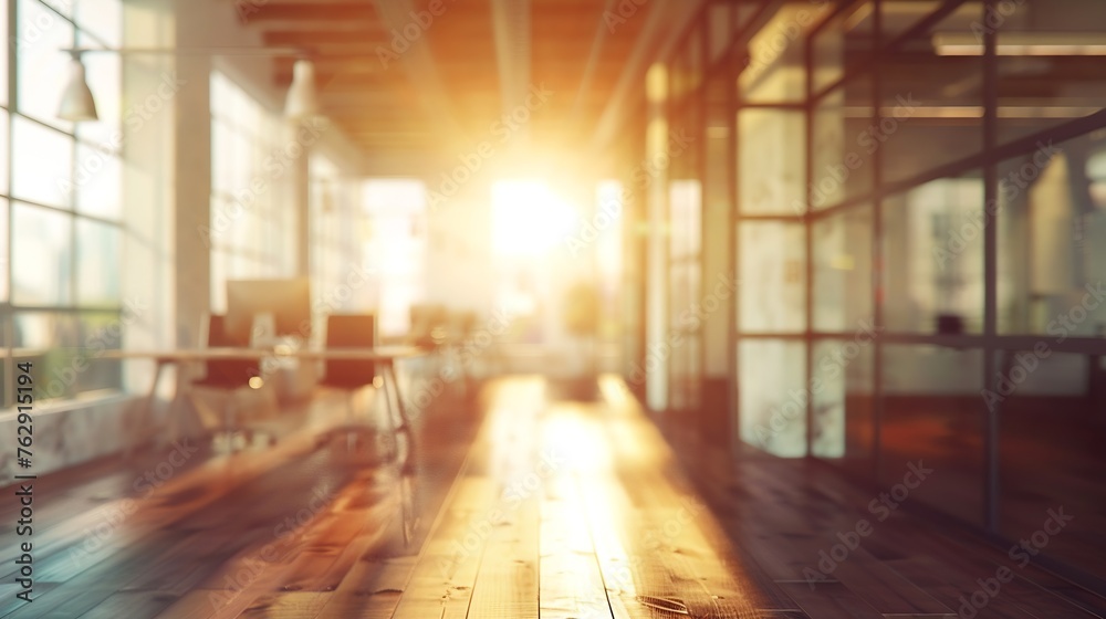 Obraz premium Beautiful blurred background of a modern Industrial office interior in Vintage tone with panoramic windows glass partitions and plywood Wooden floor : Generative AI