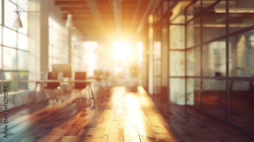 Beautiful blurred background of a modern Industrial office interior in Vintage tone with panoramic windows glass partitions and plywood Wooden floor : Generative AI © Generative AI