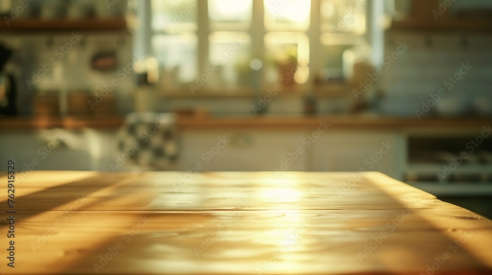 Empty textured wooden table and kitchen window shelves blurred background : Generative AI