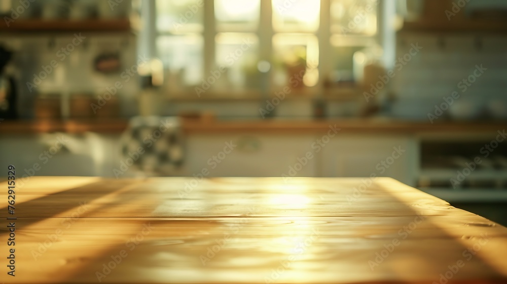 Empty textured wooden table and kitchen window shelves blurred background : Generative AI Empty textured wooden table and kitchen window shelves blurred background : Generative AI