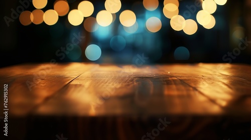 background Image of wooden table in front of abstract blurred restaurant lights   Generative AI