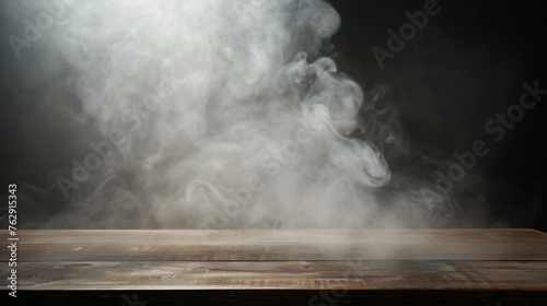On a black background an empty wooden table with smoke floats up Empty space for displaying your products with a smoke float up on a dark background Space available for displaying your : Generative AI