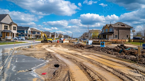 A suburban neighborhood with new infrastructure being installed