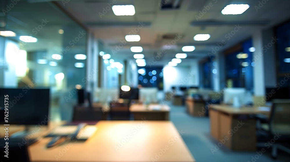 At night beautiful Abstract blurred office interior room blurry working space with defocused effect : Generative AI