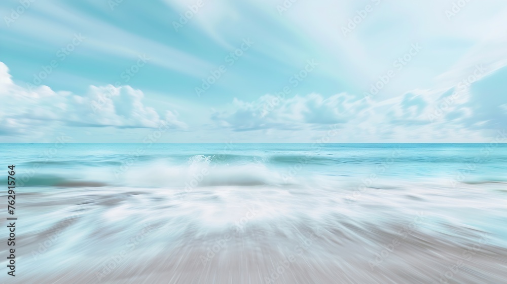 The blur cool sea background on horizon tropical sandy beach relaxing outdoors vacation with heavenly mind view at a resort deck touching sunshine sky surf summer clouds and light blue : Generative AI