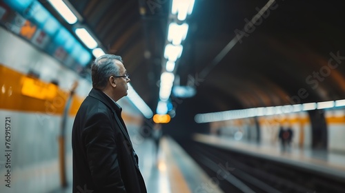 Mature businessman standing on subway platform : Generative AI