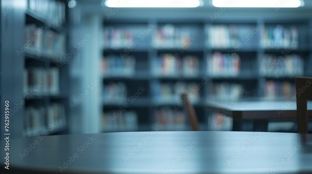 library with table desk and bookshelf abstract blur defocused background : Generative AI