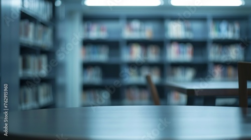 library with table desk and bookshelf abstract blur defocused background : Generative AI