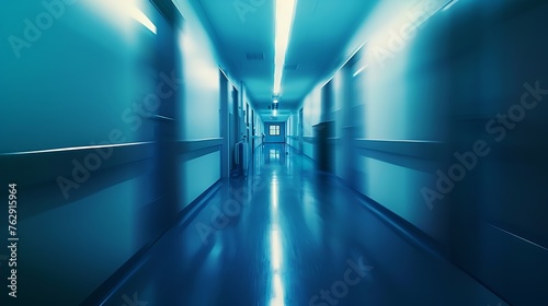 abstract blurred of hospital corridor blue color background concept : Generative AI © Generative AI