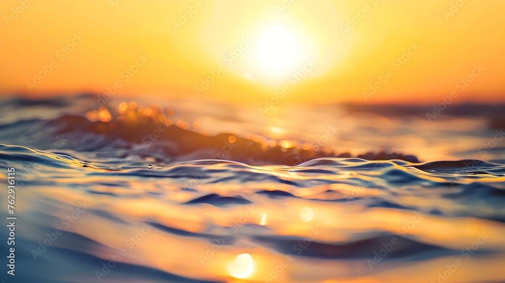Beautiful closeup sea water surface Sunset sunrise gold blue colors calm soft waves relaxing horizon Dream fantasy shallow focus blur seascape sky Tranquil peaceful nature pattern Medi : Generative AI