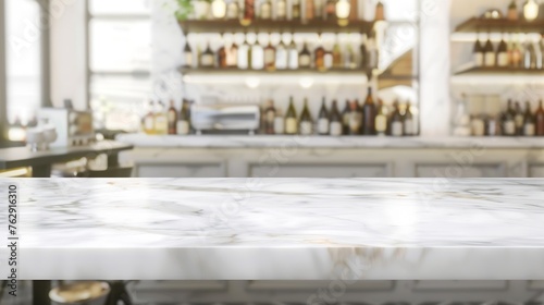 Empty white table top counter desk background over blur perspective bokeh light background White marble stone table shelf and blurred kitchen restaurant for food product display mockup : Generative AI © Generative AI