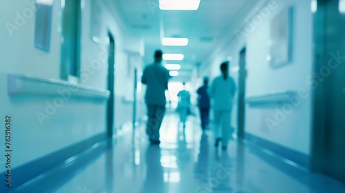 blurred for background blurred figures of doctors and nurses in a hospital corridor Doctors and nurses walking in hospital hallway blurred motion Moving human figure in the clinic corr : Generative AI © Generative AI