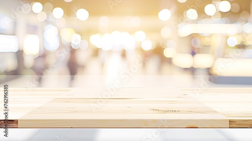 White table presentation desk and blur background Empty wood counter shelf surface over blur restaurant white bokeh background Wood table top for retail shop store product display bann : Generative AI photo