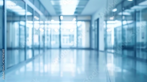 Blurred abstract background interior view looking out toward to empty office lobby and entrance doors and glass curtain wall with frame  blue white balance processing style   Generative AI