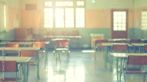 School classroom in blur background without young student Blurry view of elementary class room no kid or teacher with chairs and tables in campus Vintage effect style pictures : Generative AI © Generative AI
