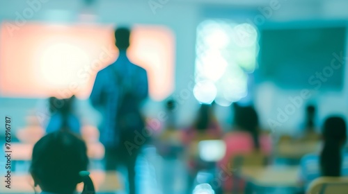 Blur abstract background teacher in front of classroom for meet the parent day Blurry instructor teaching in school Defocus open house day at campus for kindergarten studentsAmerican E : Generative AI photo