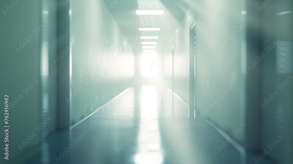 Bright empty defocused hospital corridor background with copy space : Generative AI