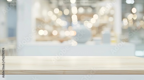 White table background over blur bokeh light for product display White wood desk counter shelf surface backdrop Empty wooden table top over blur kitchen room background for food banner   Generative AI